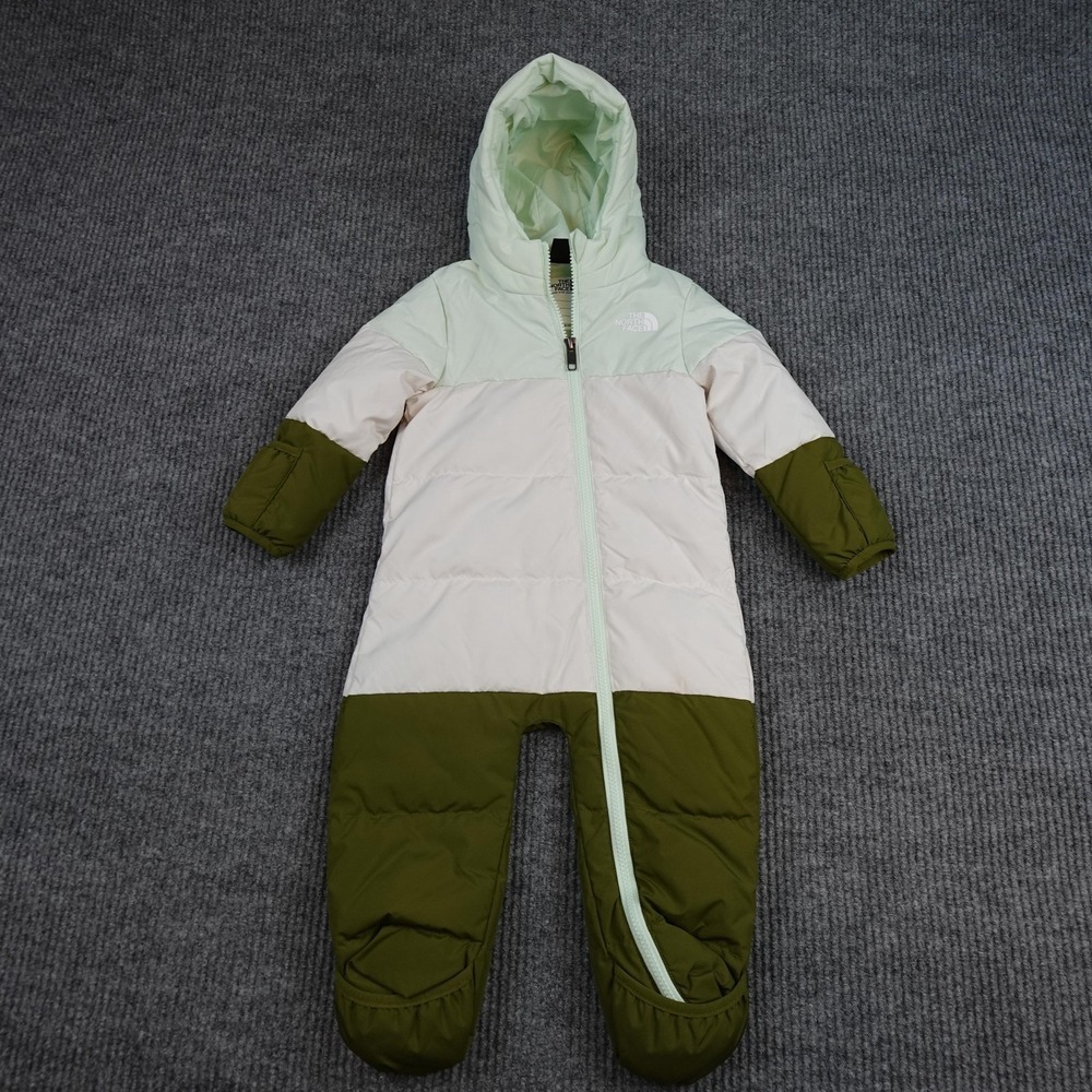 North Face 600 Bunting Snowsuit Baby 6-12 Months Green Colorblock Puffer Hooded
